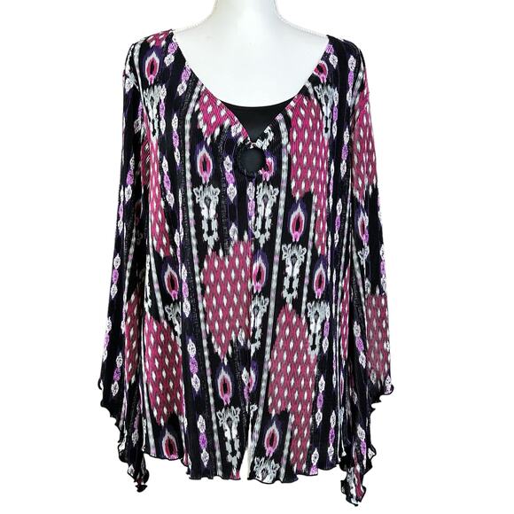 Cato Woman Top Size 22 / 24 Black Purple Faux Tank Open Front Pleated Stretch - Picture 1 of 13